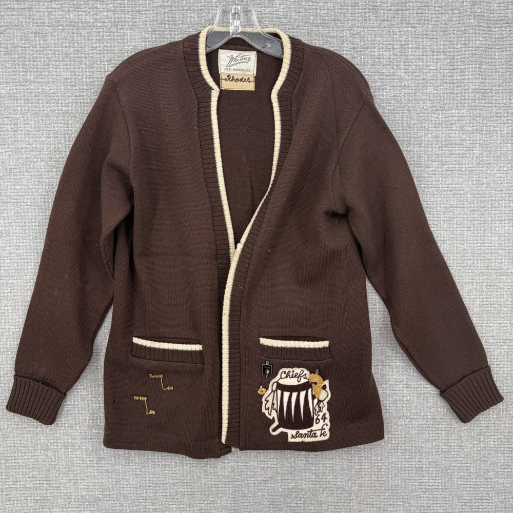 Vtg Whiting Cardigan Sweater Unisex Medium Brown Varsity Letterman Santa Fe 64